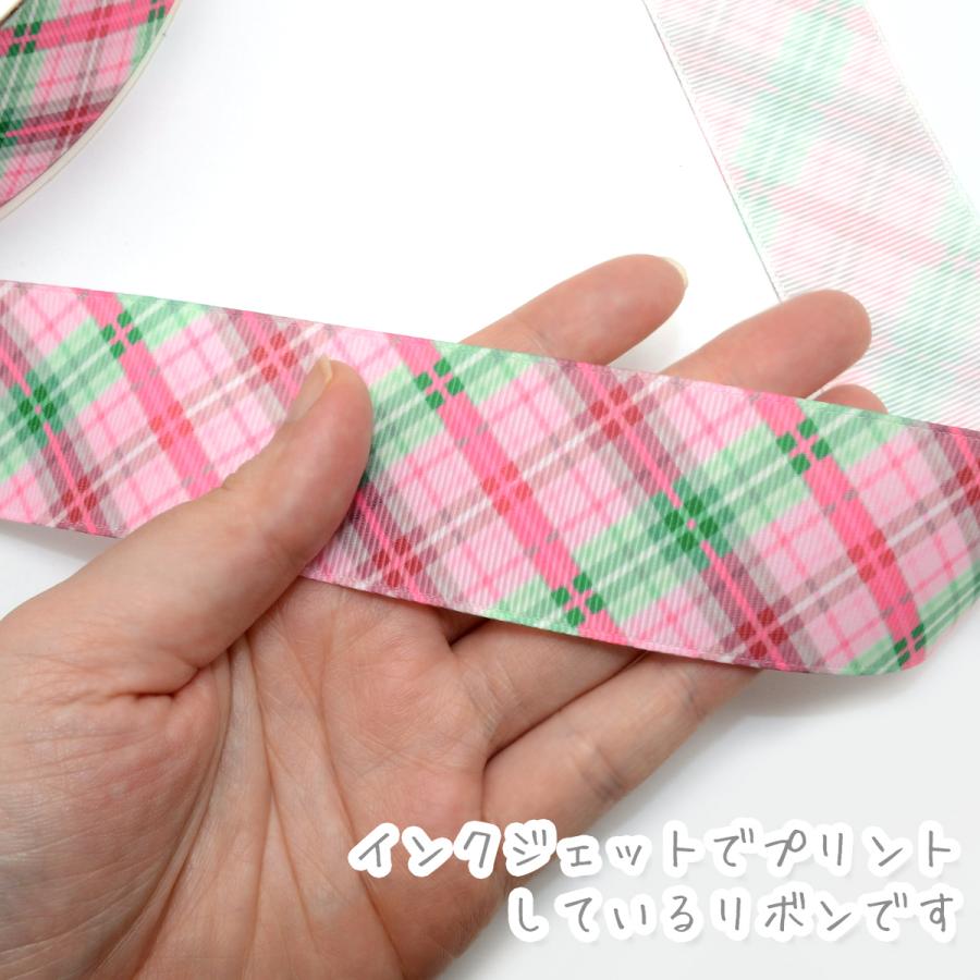 プリントリボン ピンクとグリーンのシャープチェックリボン 幅38mm 1m