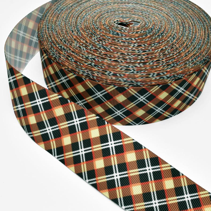 プリントリボン 黒とオレンジイエローのチェックリボン 幅38mm 1m単位