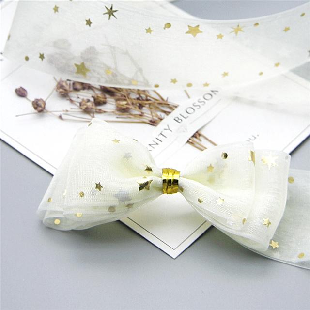 プリントリボン 箔押しゴールドスターのオーガンジーリボン 幅40mm 1m