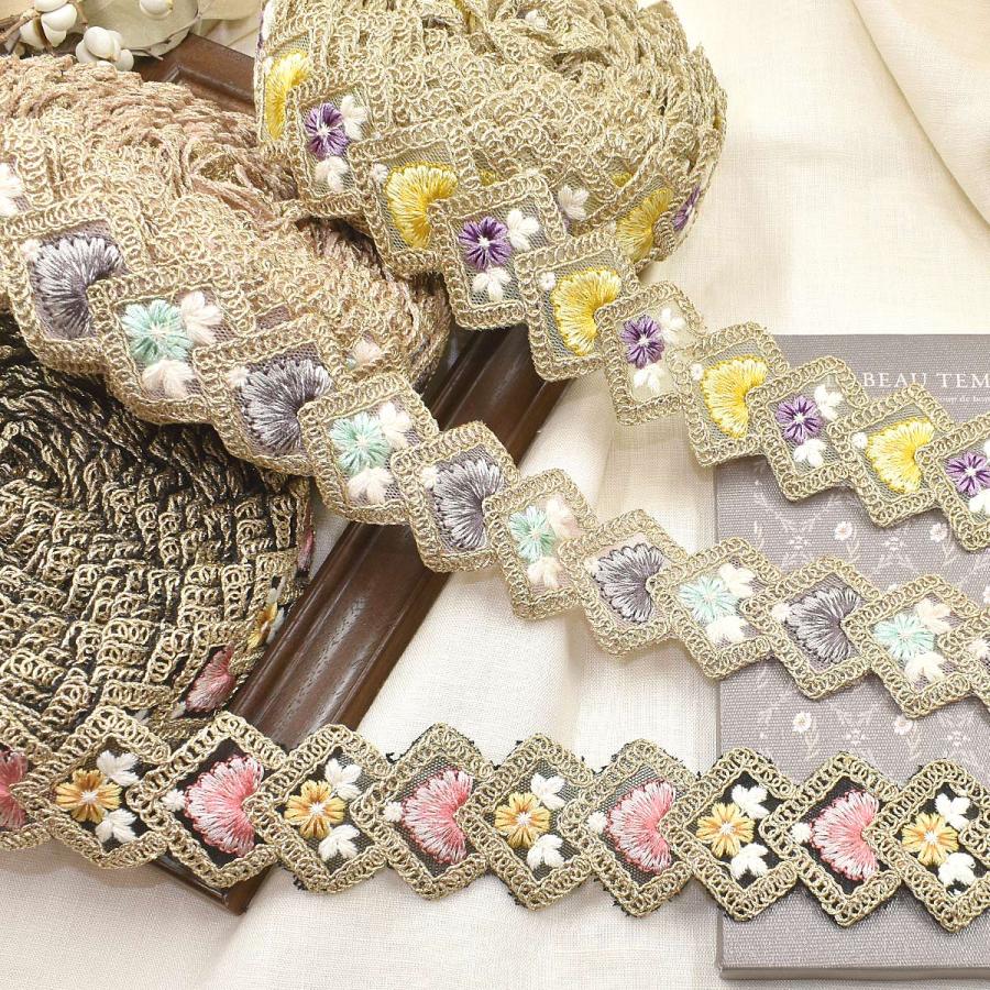 インド刺繍リボン ひし形フレームのフラワー刺繍リボン 幅40mm 10cm