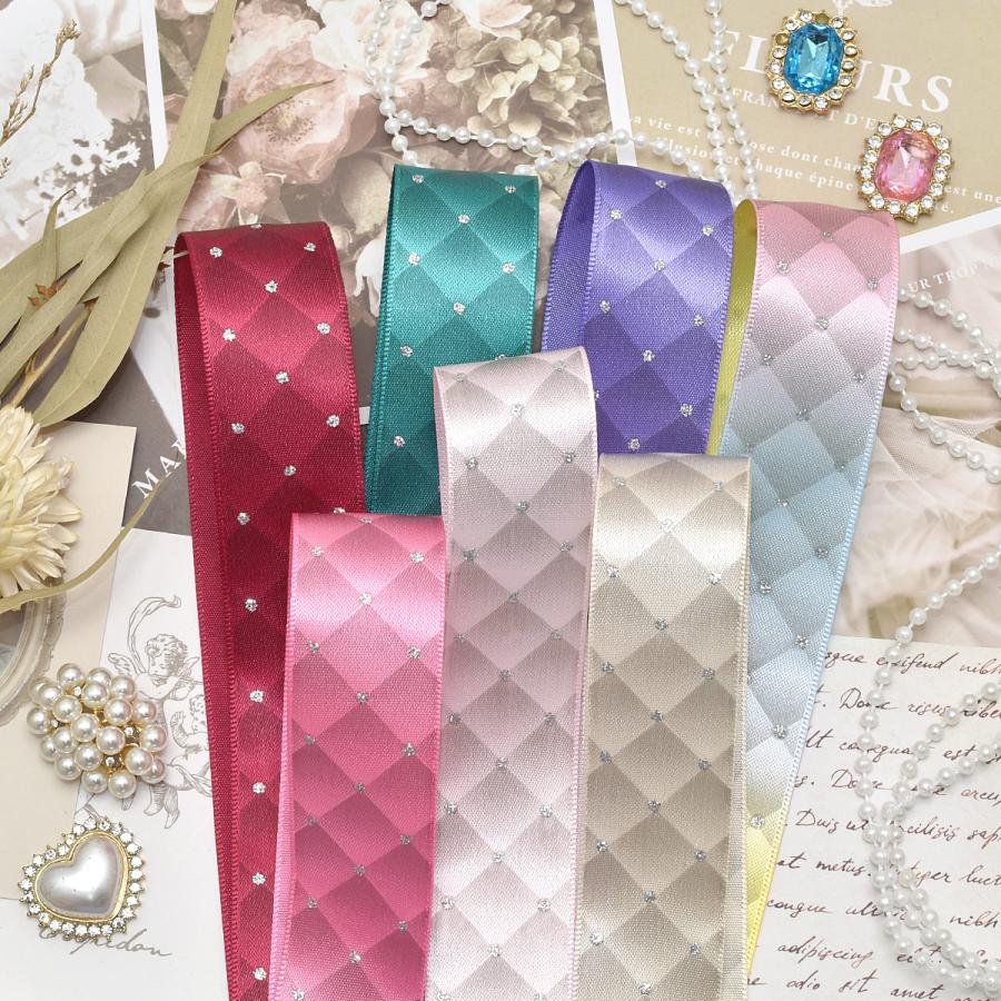 シルバーラメ付きダイヤ柄サテンリボン 幅25mm 1m単位 切り売り (2m