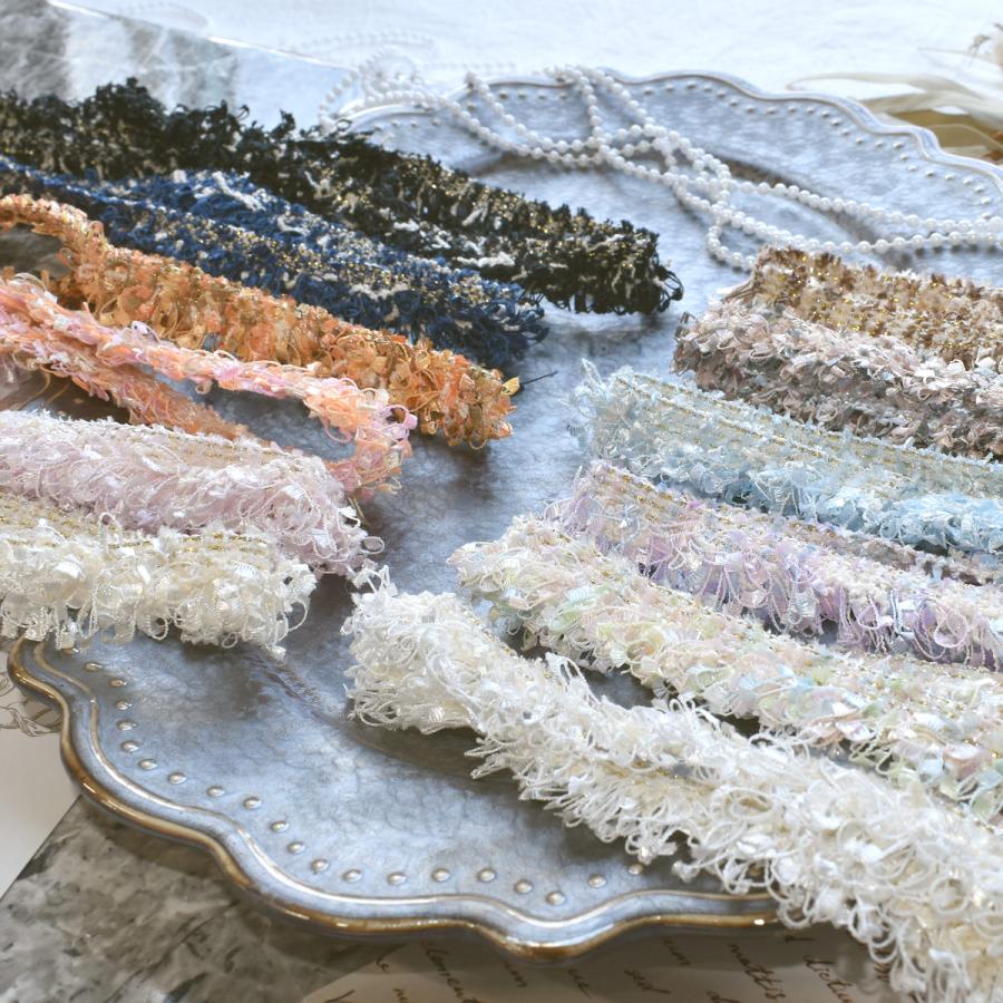 片側フリンジのラメ入りツイードリボン 幅15mm 1m単位 切り売り (2m