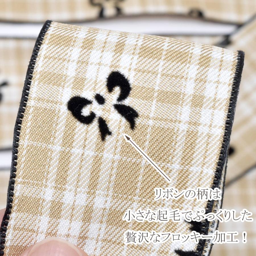 レトロチェックとフロッキーリボン柄リボン 幅40mm 1m単位 切り売り