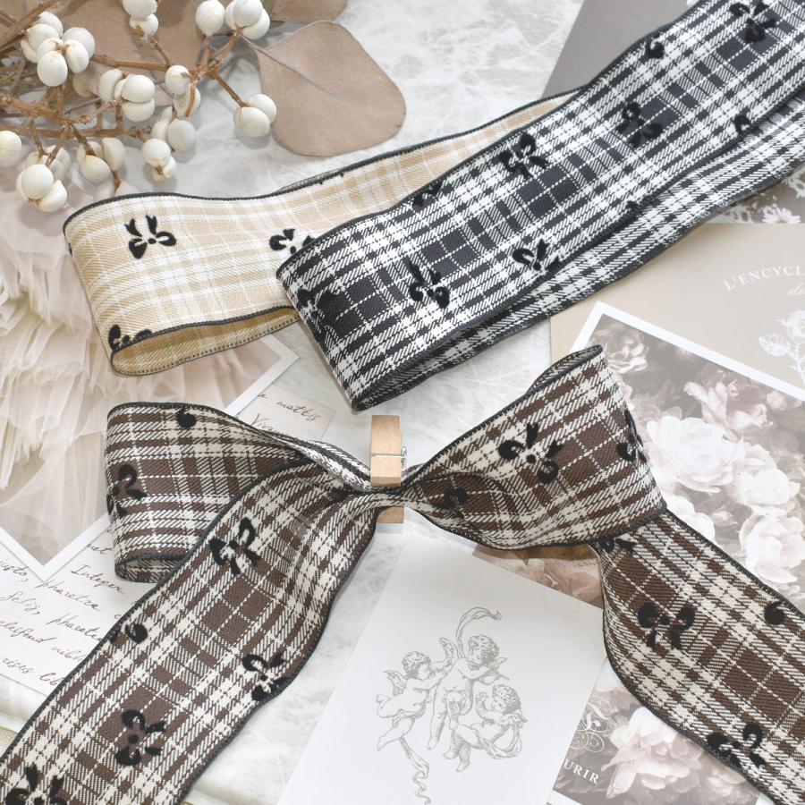 レトロチェックとフロッキーリボン柄リボン 幅40mm 1m単位 切り売り