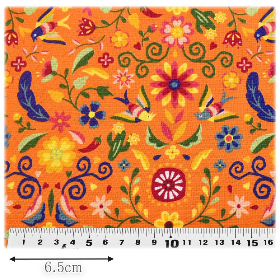 メキシコ刺繍風の鳥と植物 オレンジ色の鳥と植物デザイン布 シーチング生地 (30cm以上 コスモ NN2319-11 その他