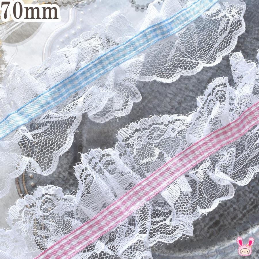 ゆめかわチェックとフリルレースリボン 幅70mm 1m単位 切り売り (2m