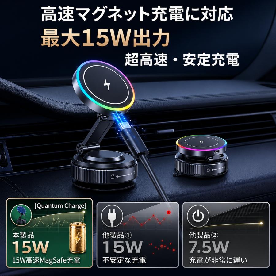 【10台限定セール】スマホホルダー ワイヤレス充電器 車 車載ホルダー 充電 magsafe対応 15W急速充電 マグネット式 マグセーフ スタンド 磁石 真空吸着式 吸盤 |  | 07