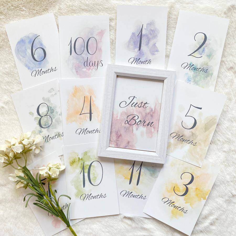 水彩　月齢カード　15枚セット　マンスリーカード　ニューボーンフォト　お洒落　ベビーフォト　赤ちゃん　撮影 |  | 01