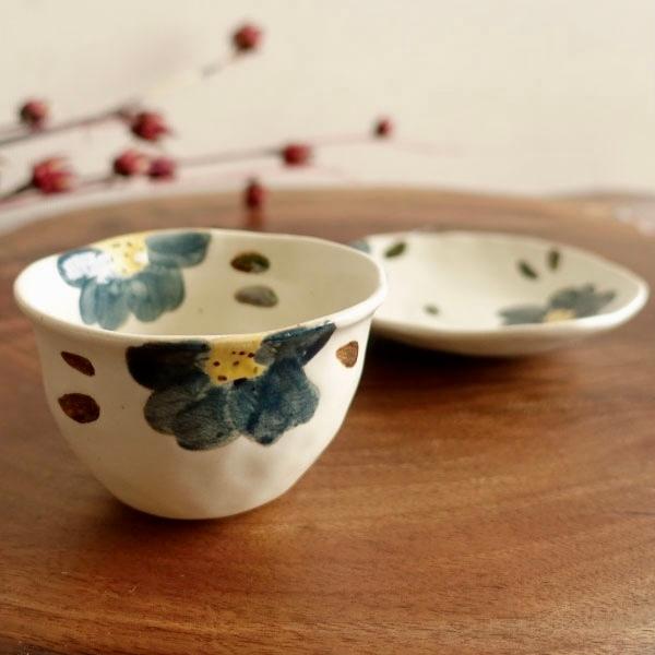 湯呑 いっぷく碗 お皿セット 美濃焼 一服碗 青い花 おしゃれ 湯飲み