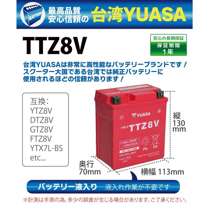 バイク バッテリー YTZ8V 互換 TTZ8V 台湾 ユアサ (互換 YTZ8V DTZ8V GTZ8V FTZ8V YTX7L-BS) YUASA 台湾ユアサ 台湾YUASA 液入り PCX CRF250 ラリー MT-25｜manshin｜02