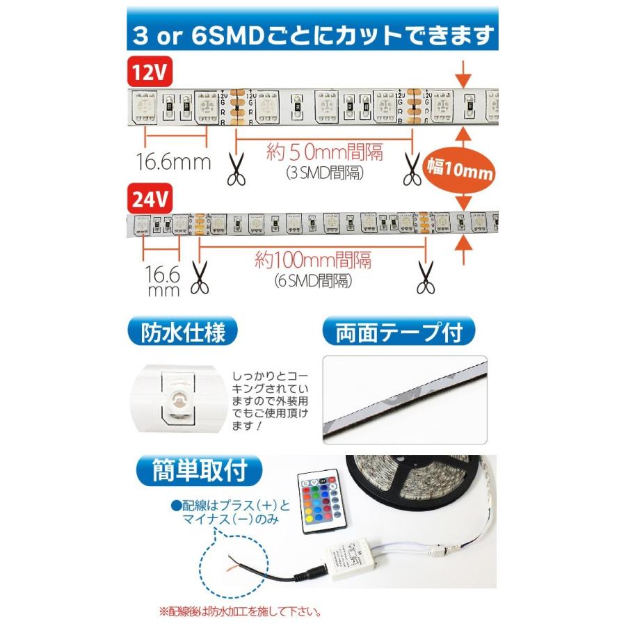 LED テープライト 5m 防水 RGB 12V 24V 選択 リモコン操作 調光 調色