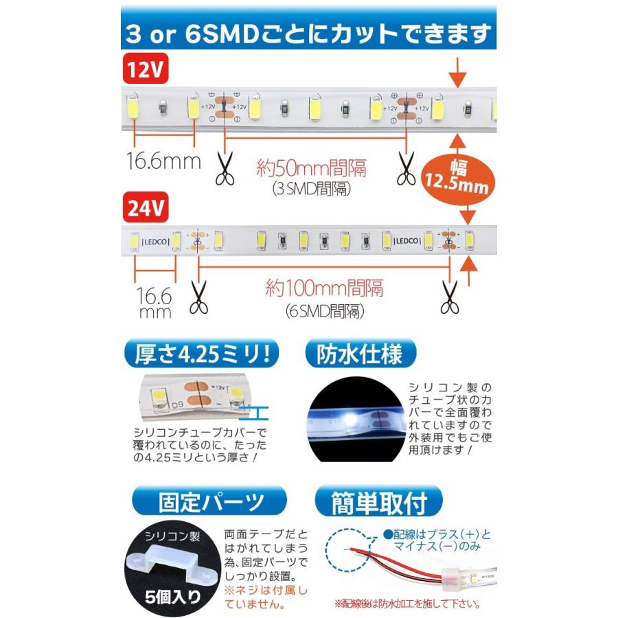 LEDテープライト 5m 防水 12V 24V 高防水性 シリコンチューブ IP65