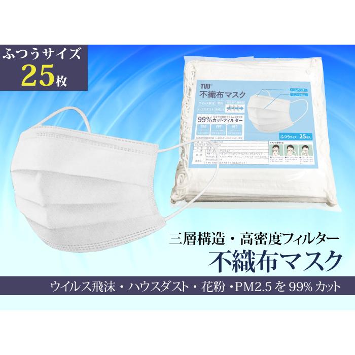 マスク 25枚入 袋 不織布マスク 白 プリーツマスク ふつうサイズ 大人