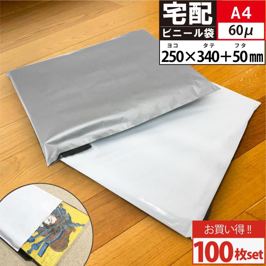宅配ビニール袋 100枚 テープ付き A4 サイズが入る 巾250×高さ340＋
