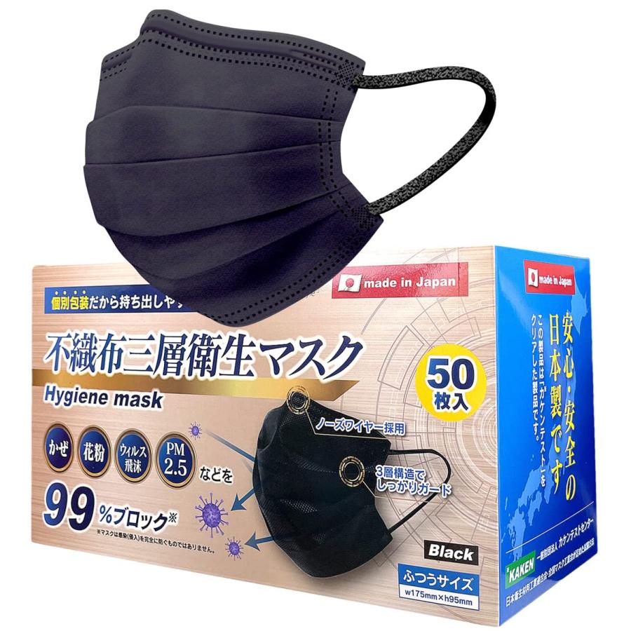 Coolth Style】日本製 不織布マスク 黒 個包装 50枚 三層構造 カケン