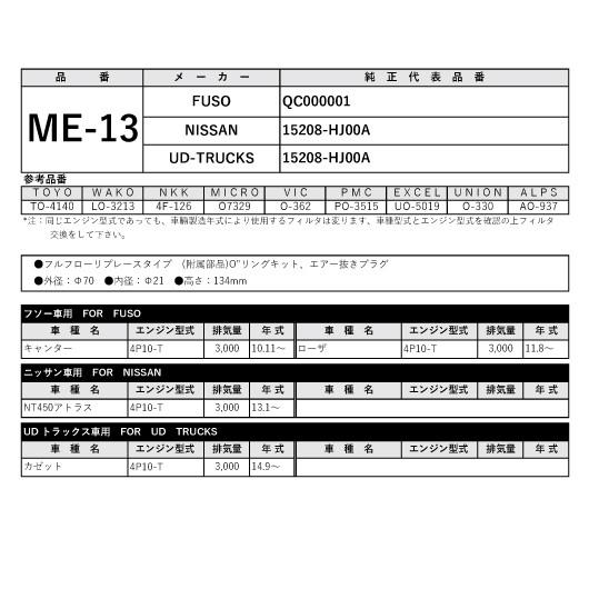 オイルフィルター ME-13 オイルエレメント 三菱ふそう/ニッサン用 FUSO