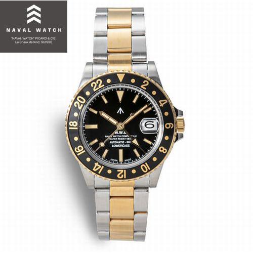 ナバルウォッチ NAVAL WATCH FRXD008 GMT Mechanical S/S 3 links Metal band / SV and GD combi. model 自動巻き時計