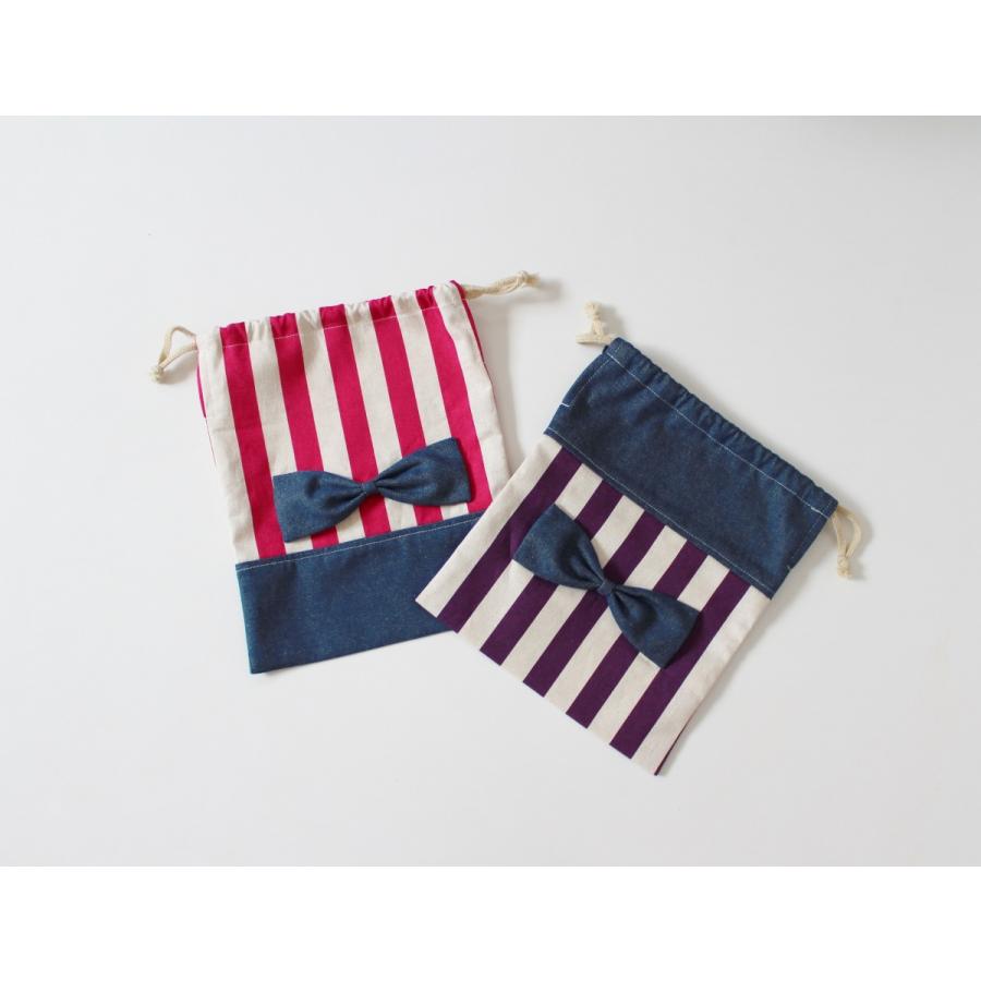 リボン巾着袋☆永遠の定番・ストライプ×デニム☆エプロンセット袋にも