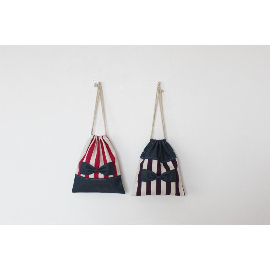 リボン巾着袋☆永遠の定番・ストライプ×デニム☆エプロンセット袋にも