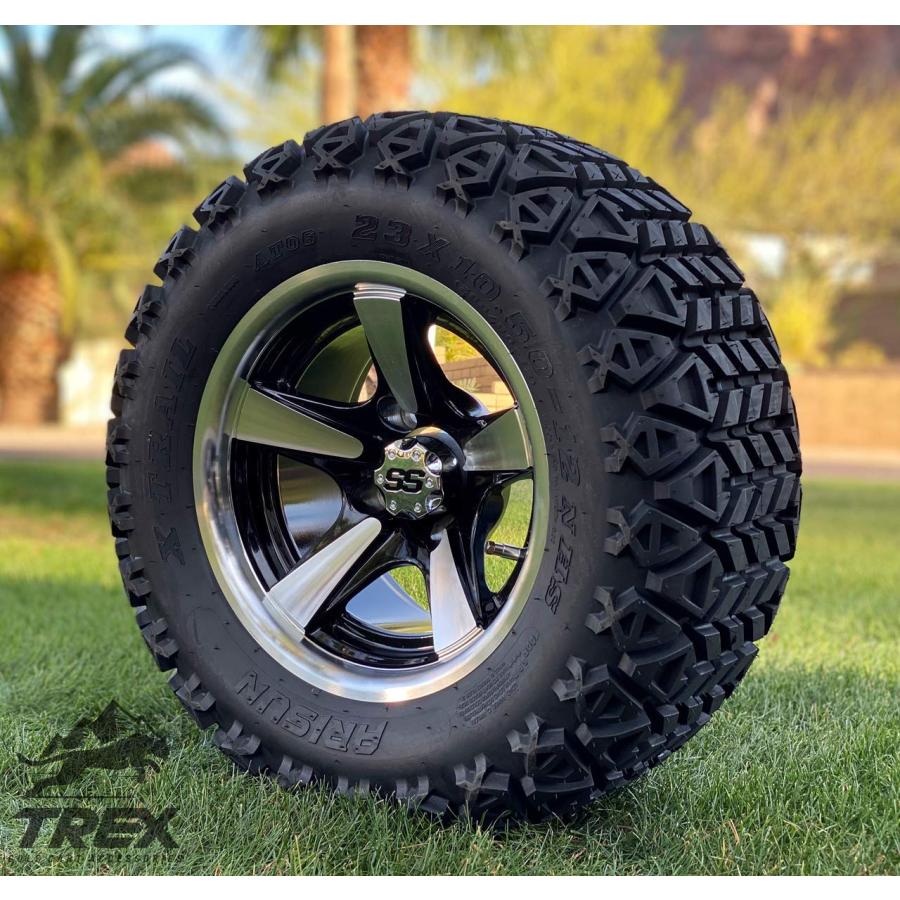 12インチブリットマシニング/ブラックアルミホイールおよび23 X 10.512ドット全地形対応タイヤコンボ4セット (メトリックラグ