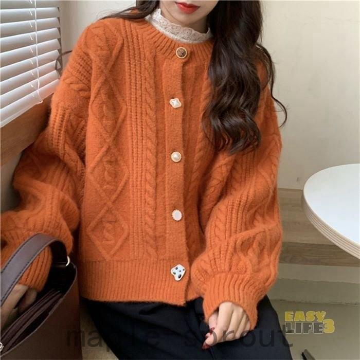 ニット 長袖 春秋 リブニット ケーブル編み ニットジャケット 長袖ニット 丸首 クルーネック 無地 セーター ニットセーター カーディガン 冬 通学 羽織 当店限定販売