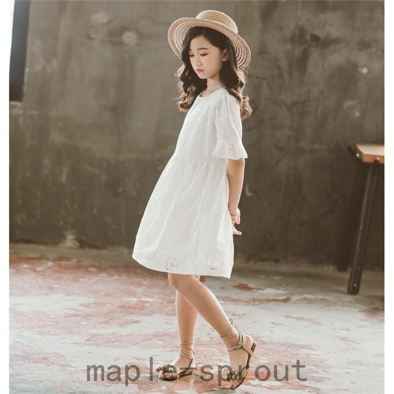 子供服 ワンピース キッズ 子供ドレス Dress 韓国子供服 ジュニア 女の子 夏 半袖 膝丈ワンピース 白 刺繍 綿 カジュアル おしゃれ 可愛い 通学着 通園着 海外ブランド