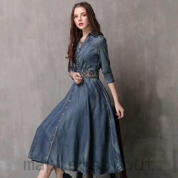割引クーポン対象品 大人かわいい レディース ワンピース デニム 刺繍 ミモレ丈 S M L Xl ガウンワンピース シニアファッション Www Skylanceronline Com