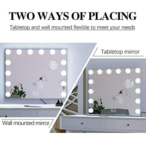 ANYHI 女優ミラー 卓上 人気 化粧鏡 卓上/壁掛け両用 14個のledライト付き 10倍拡大鏡付き 2色照明モード 明るさ調節可能 (62 x 50cm， シルバー) 