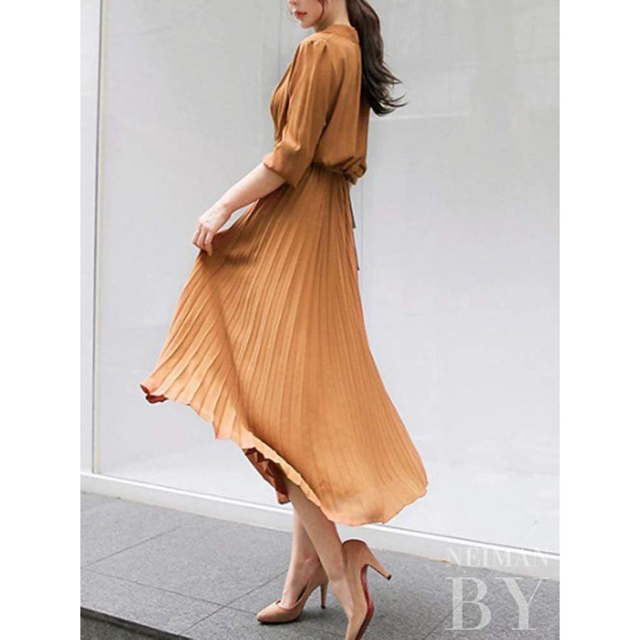 偉大な ニーマンバイ プリーツ ワンピ 無地 ロング丈 ロング 大人 膝下 襟つき ワンピース ミモレ シフォン 丸首 体型 カバー フンワリ 長 Materialworldblog Com