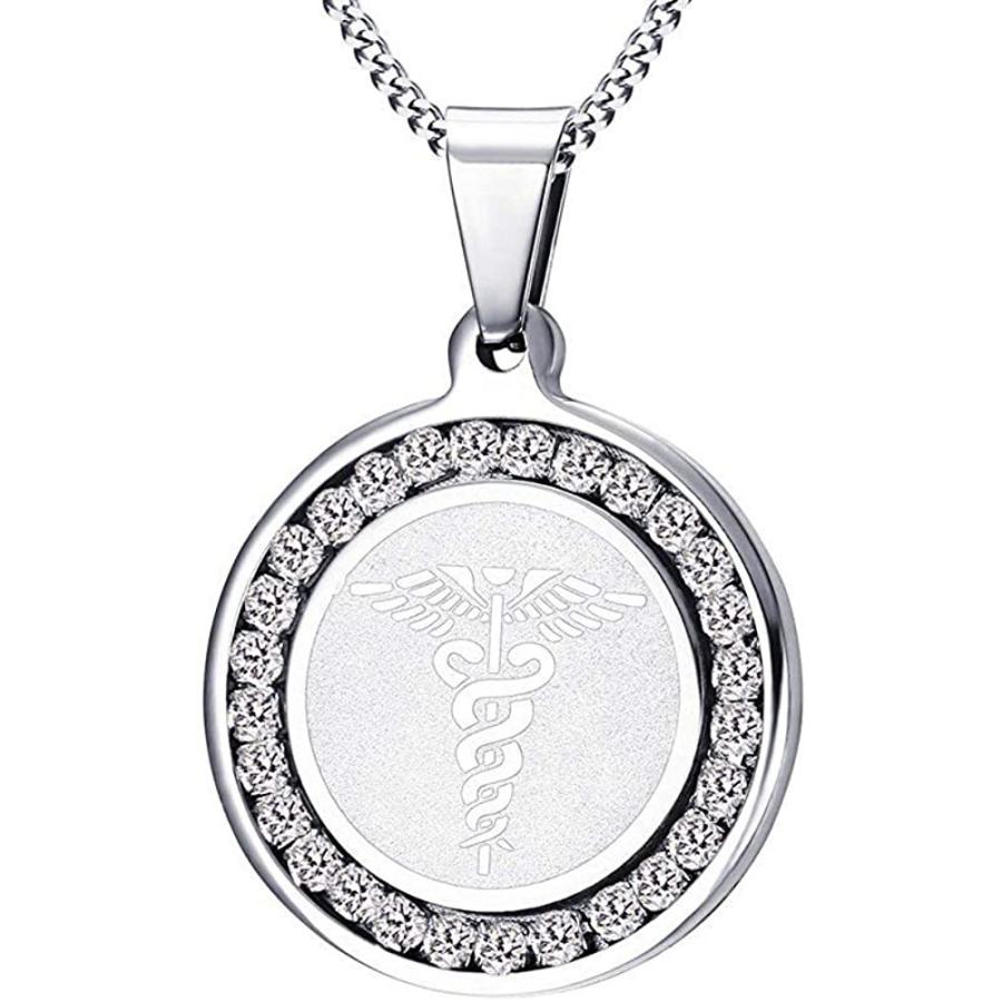 Rockyu ブランドステンレスネックレス メンズ 人気 シルバー お取り寄せ メダル 丸形 おしゃれ セレクト 医学シンボル ペンダント ジルコニア