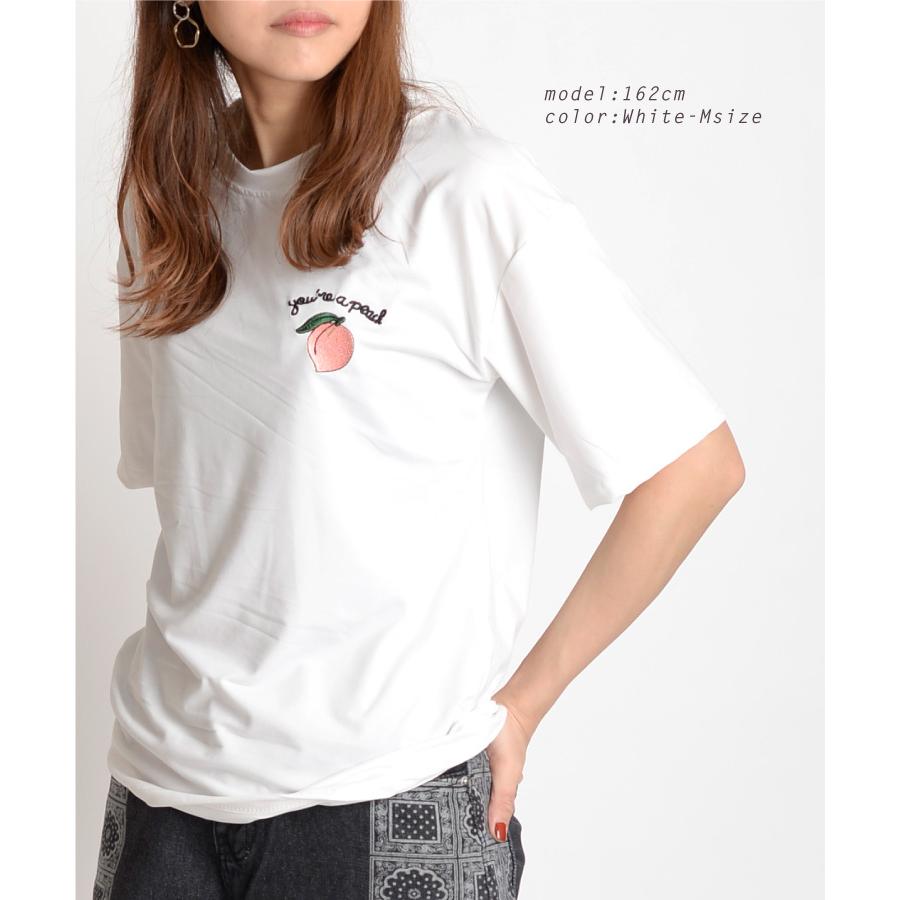 Tシャツ カットソー トップス 半袖Tシャツ 半袖 夏 春 刺繍 桃 ワンポイント ロゴ クルーネック レディース rb60725 アジアン カジュアル マーライ 通販 Tシャツ カットソー トップス