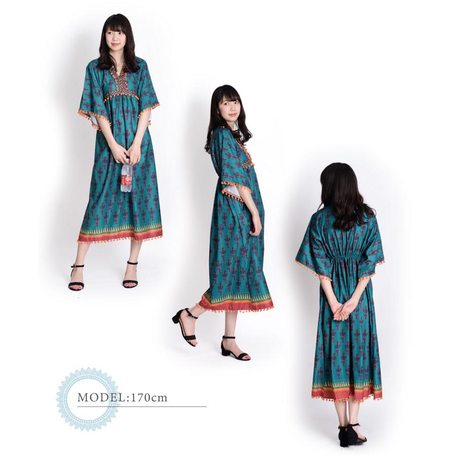marai ロングワンピース ロング丈 五分袖 柄 夏 春 エスニック柄 marai ロングワンピース ロング丈 五分袖 柄 夏 春 エスニック柄