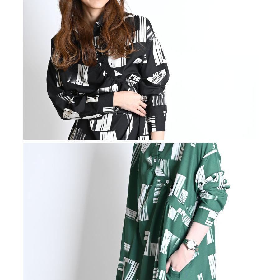 楽天市場】アート柄変形ドレープシャツワンピース ロング ワンピース  