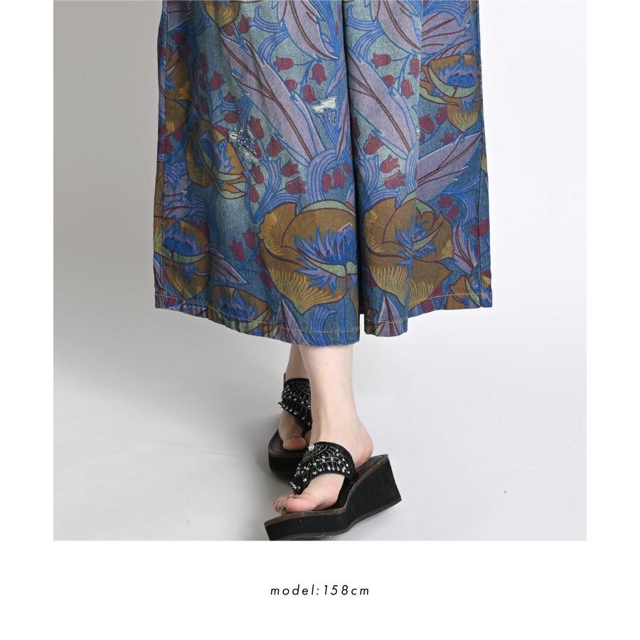 ワイドパンツ デニム レディース 柄 総柄 夏 秋 ガウチョパンツ 七分丈  