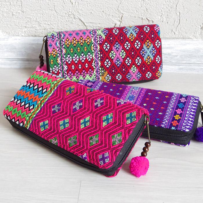ハンドメイド　エスニック　ゲリ　長財布 モン族レザー長財布 アジアン雑貨 エスニック雑貨 刺繍雑貨