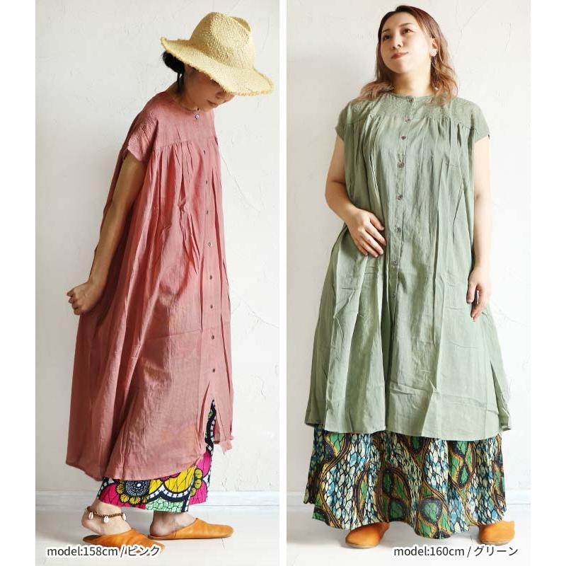 ワンピース チュニック 半袖 Aライン 刺繍 インド綿 綿 フレンチ