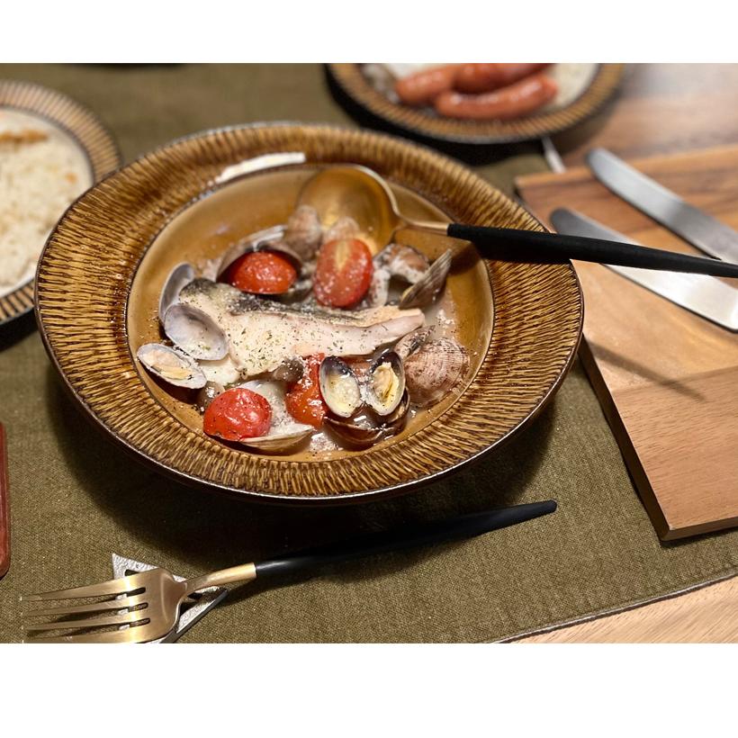 小石原焼 森山實山窯 飛び鉋 楕円鉢 カレー皿 ブラウン 飴色 陶器