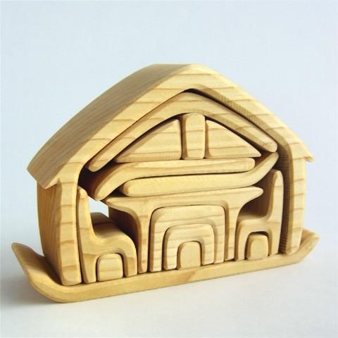 パズルハウス家具付」木のおもちゃ 知育玩具 ドイツ - 積木