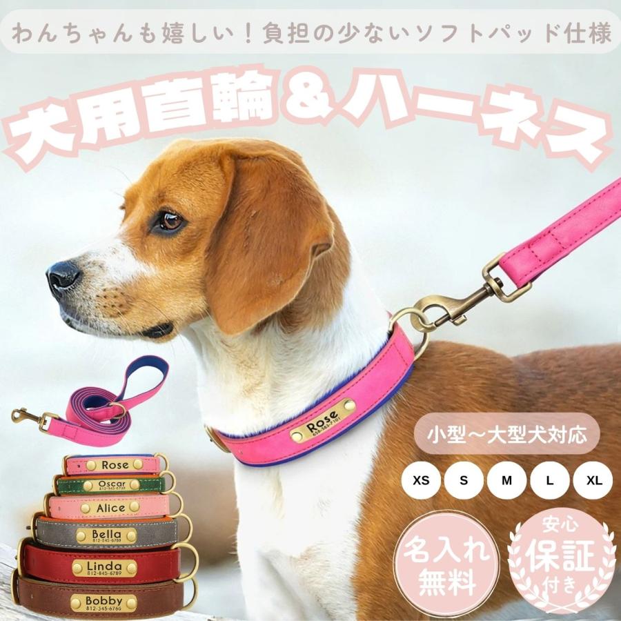 首輪 犬 猫 名前入り 名入れ PUレザー 革 リード ソフトパッド 調節