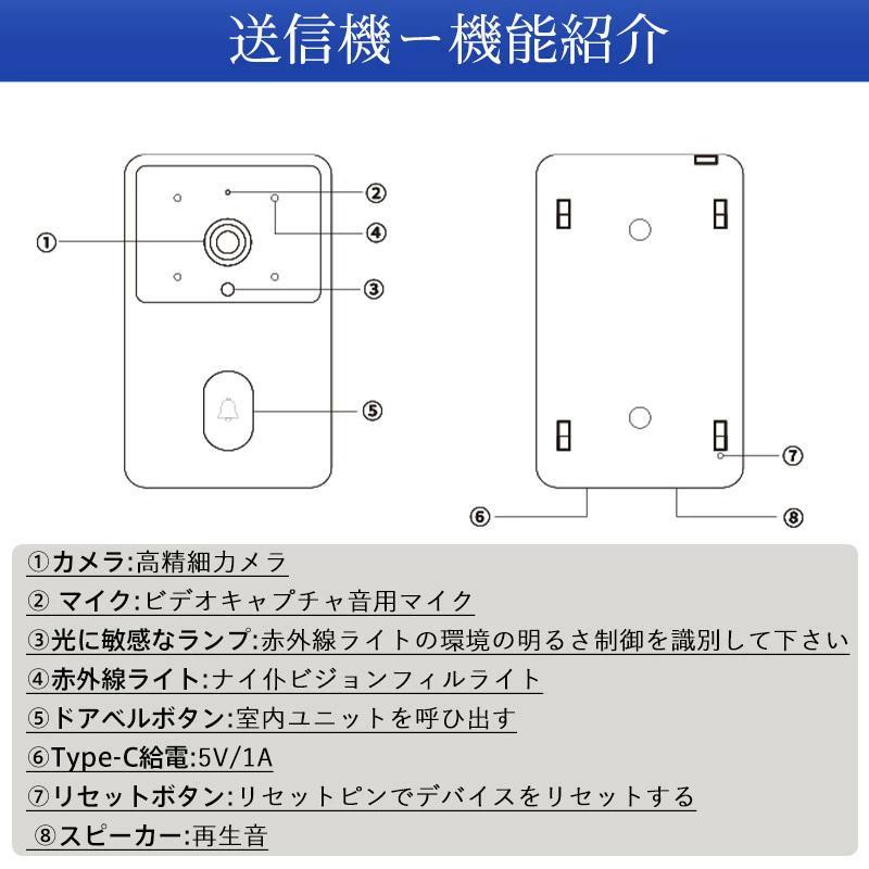 インターホン ワイヤレス テレビドアホン ドアベル ドアホン チャイム録画機能 カメラ付き 暗視 インターフォン 玄関 防犯カメラ 屋外 家庭用 呼び出し 工事不要