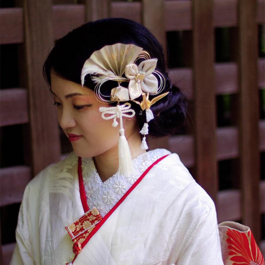 髪飾り 成人式 卒業式 結婚式 和装 振袖 袴 着物 打掛 白無垢 謝恩会 フォーマル お呼ばれ　扇と鶴のモダン和細工飾り【純金箔（K24）使用】の画像