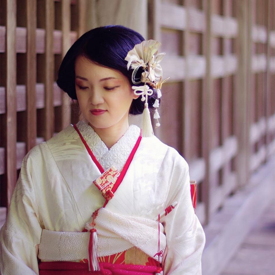 髪飾り 成人式 卒業式 結婚式 和装 振袖 袴 着物 打掛 白無垢 謝恩会 フォーマル お呼ばれ　扇と鶴のモダン和細工飾り【純金箔（K24）使用】の画像
