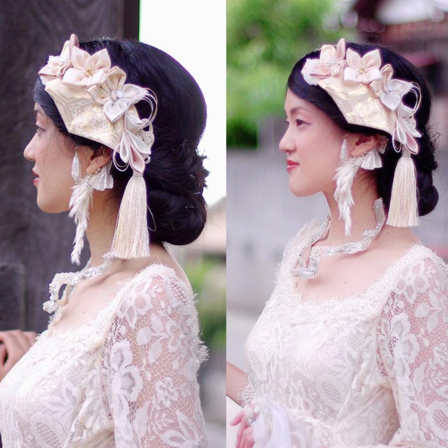 髪飾り 成人式 結婚式 和装 振袖 着物 打掛 白無垢 浴衣 謝恩会 フォーマル お呼ばれ ヘッドドレス 京美人なつまみ細工ボンネ【純金箔（K24）純銀箔】の画像