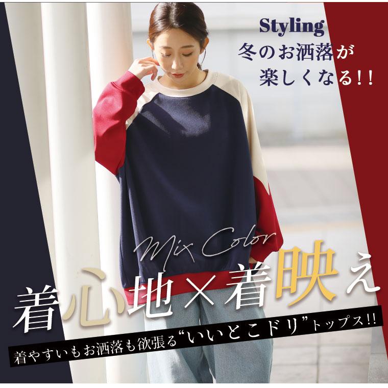 大きいサイズ レディース トップス 厚すぎないのが着やすい 配色デザイン ポンチ スウェット トップス トレーナー 3L 4L 5L 6L 長袖 冬 冬物 冬服 A |  | 05