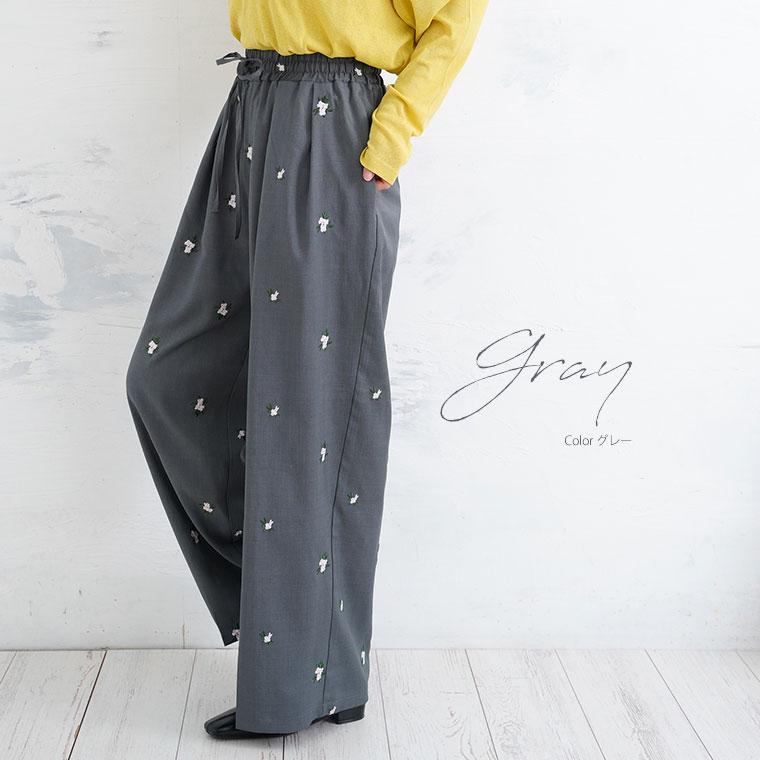 大きいサイズ レディース パンツ 麻調 花刺繍 ボトムス イージーパンツ