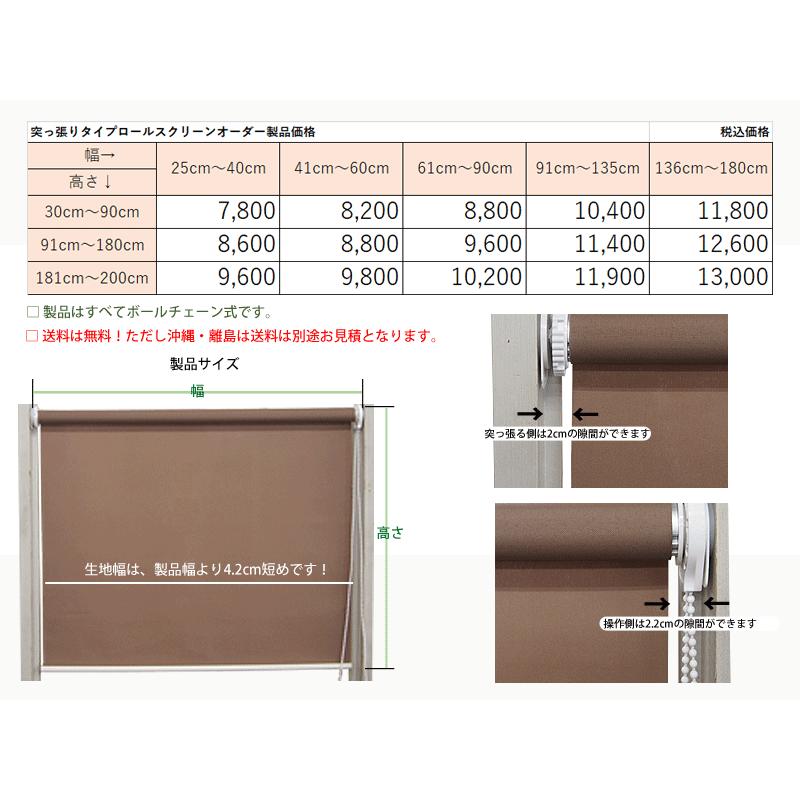 突っ張りタイプロールスクリーンオーダー (ビス不要・取付時工具不要) (幅41〜60ｃｍ×高さ30〜90cm）１年保証付・日本製【代引不可】_4