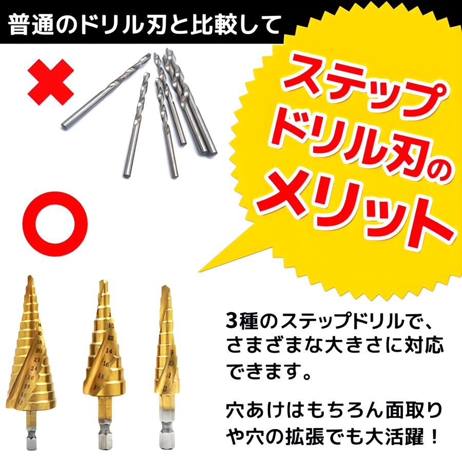 ステップドリル セット 3本 32mm ラセン式 ハードケース 取説 ウエス付 