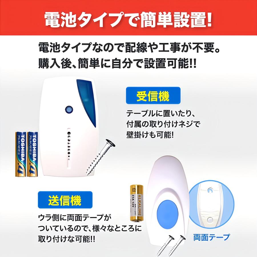 ワイヤレスチャイム 電池フルセット 取説付き ドアチャイム ワイヤレスチャイム 電池フルセット 取説付き ドアチャイム