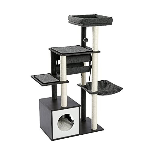 PETEPELA(ペテペラ) キャットタワー 木製 大型猫 猫タワー 多頭飼い 木目調 ハンモック 爪とぎ 大きいベッド 頑丈 キャットタワー 木製 猫タワー 多頭飼い