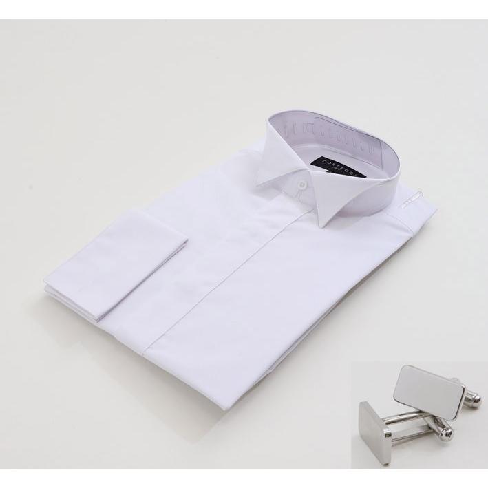 ウイングカラーシャツ カフスボタン付 ドレスシャツ白 送料無料 シングルカフス フォーマルシャツ 正規店仕入れの 輸入 MS-01 モーニング用シャツ 新郎用シャツ